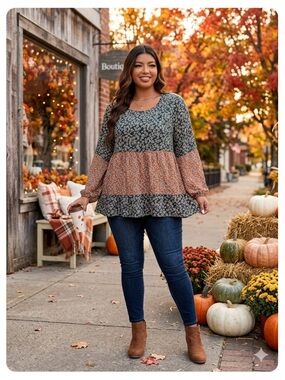 Boutique Multicolor Floral Tiered
Peplum Blouse Ruffle Hem Fall NWOT
Sz XL